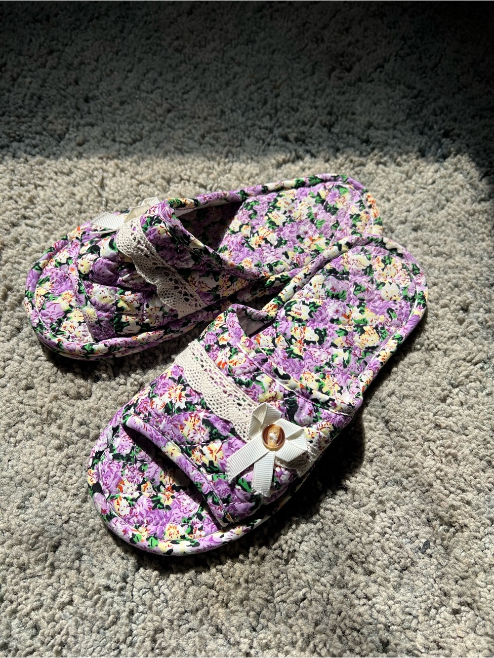 Floral Purple House Slide Slippers with Bow Accent